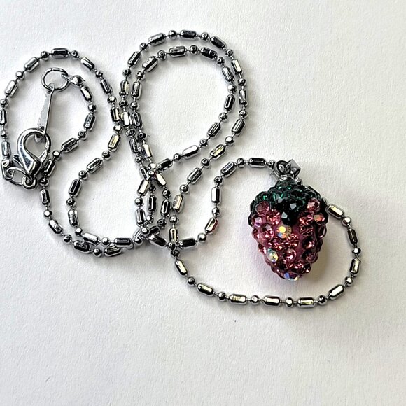 Rose Pink Strawberry Pendant 925 Silver on a 18K Silver Chain - Picture 2 of 14